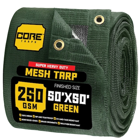 Core Tarps Mesh Tarp, 50X50 ft, Green, Polyethylene CT-803-50X50